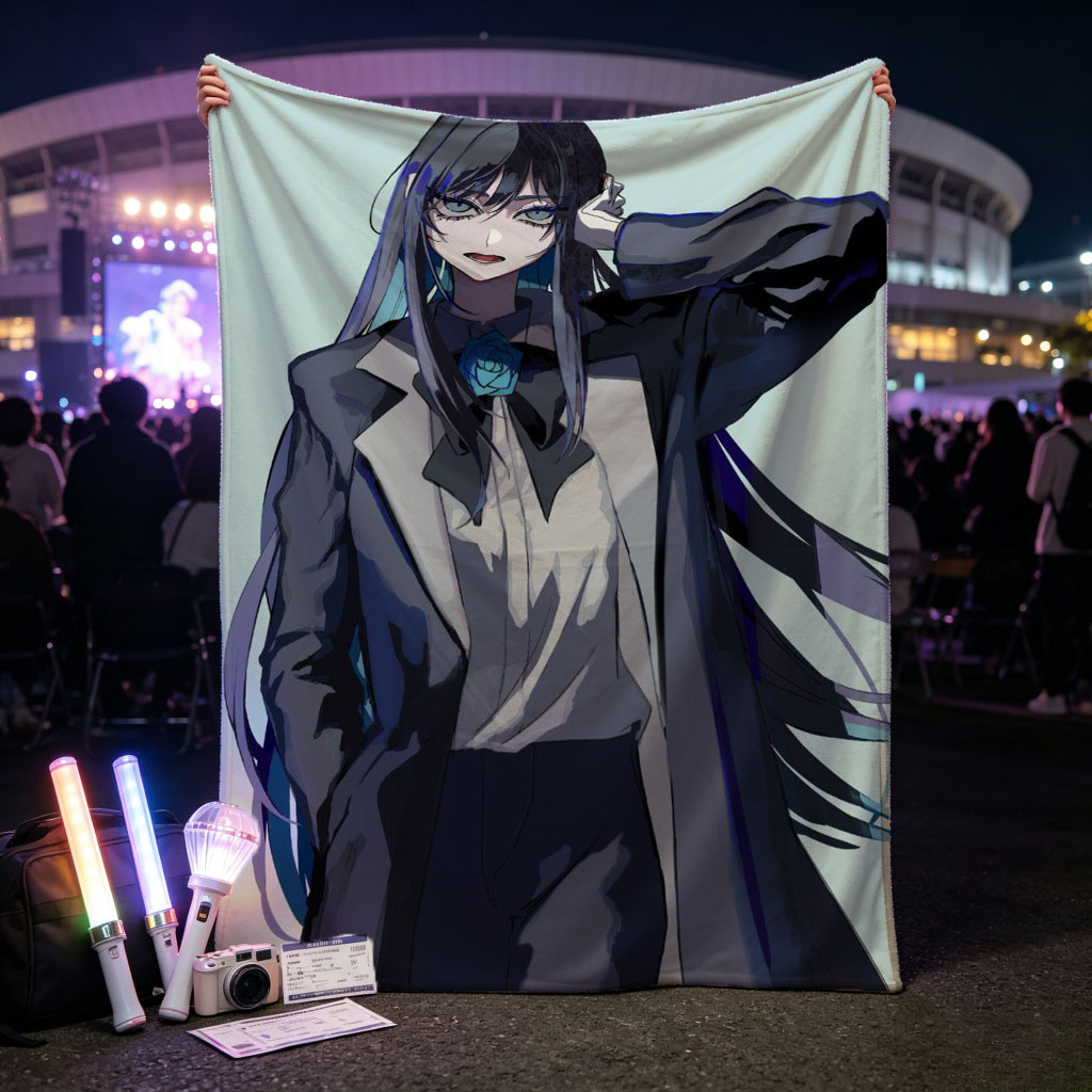 Anime Character in Formal Attire with Blue Rose and Long Hair - Blankets