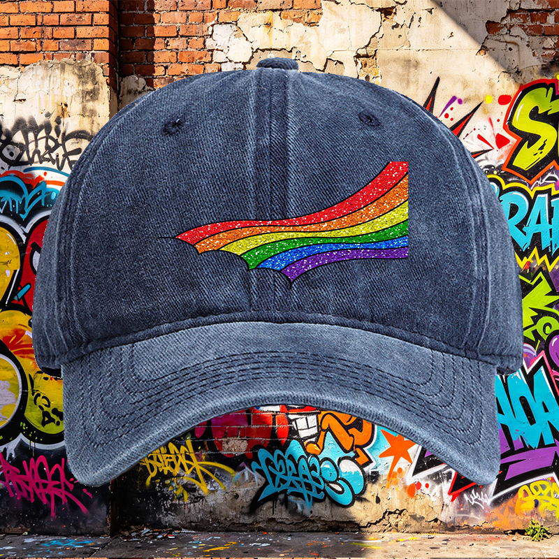 Unisex Classic Washed Cap with Rainbow Glitter Print + Unisex Classic Washed Cap for Outdoor Activities, Festivals, and Casual Wear + Suitable for Adults Who Love Colorful Fashion and Expressive Style