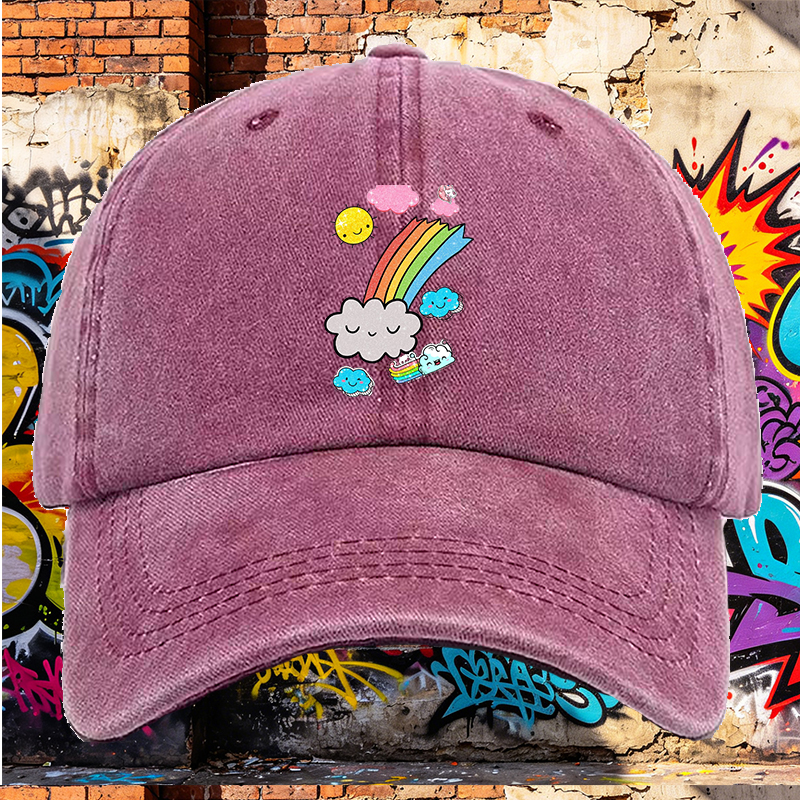 Men's Printed Washed Cap with Rainbow Clouds and Sparkle Sun Design - Casual Round Brim Summer Lightweight Hat for Outdoor Activities, Travel, and Daily Wear - Perfect for Young Adults and Trendy Urban Stylists