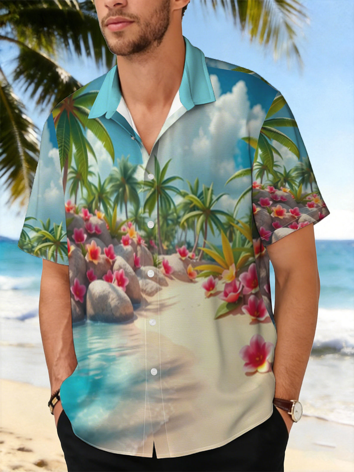 Tropical Beach with Palm Trees and Pink Flowers -  Shirt