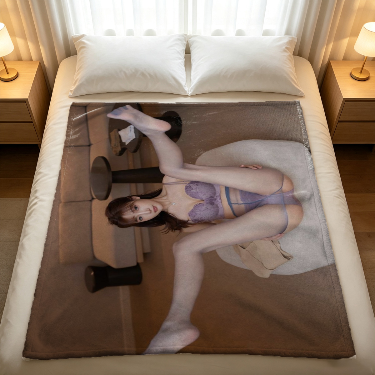 A woman in a purple satin lingerie slip and black lace stockings kneels seductively on a couch. - Blanket