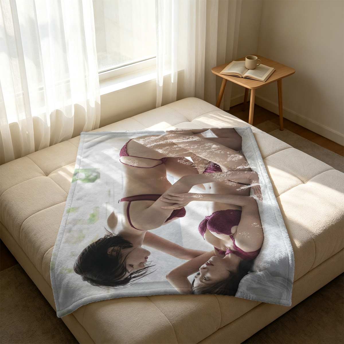 Nude Brunette Kneeling on White Couch by Window - Blanket