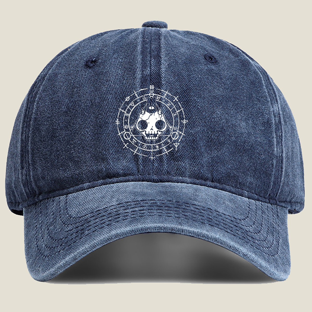 Skull with Horns and Mystical Symbols - Washed Denim - Baseball Cap