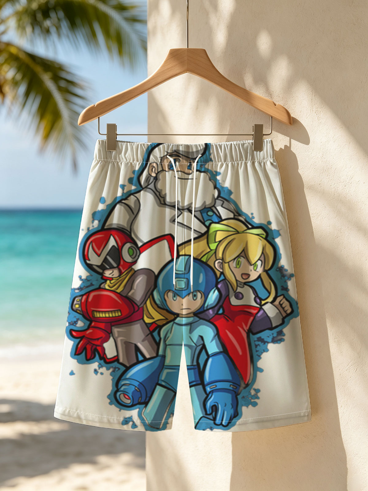 Mega Man, Roll, Dr. Light, and Bass from the Mega Man series -  Beach shorts
