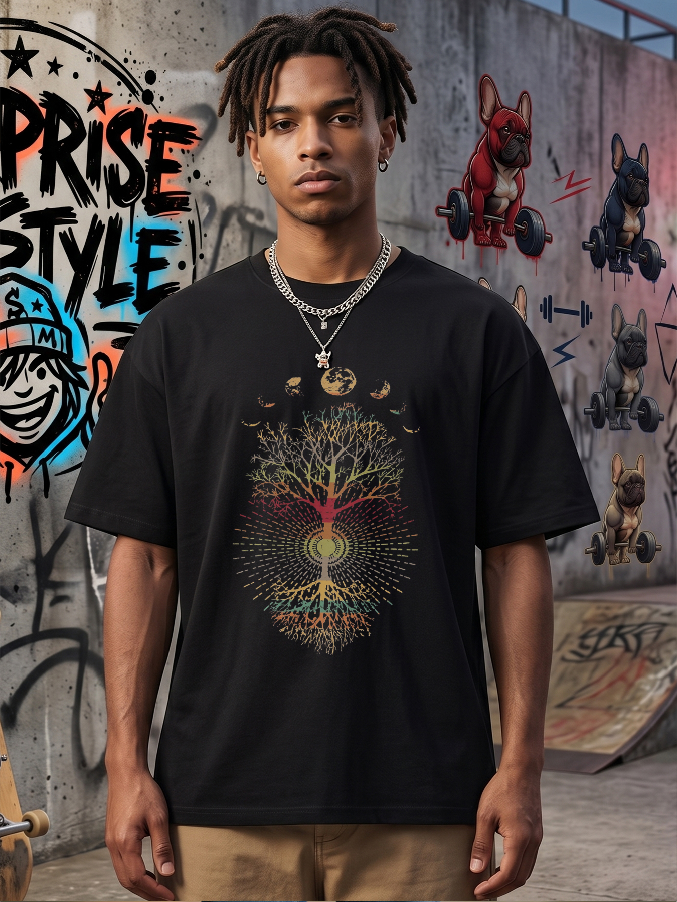 Men's Printed T-Shirt Tree of Life with Moon Phases Graphic Casual Round Neck Summer Lightweight Breathable Short Sleeve Tee for Nature Lovers and Spiritual Seekers