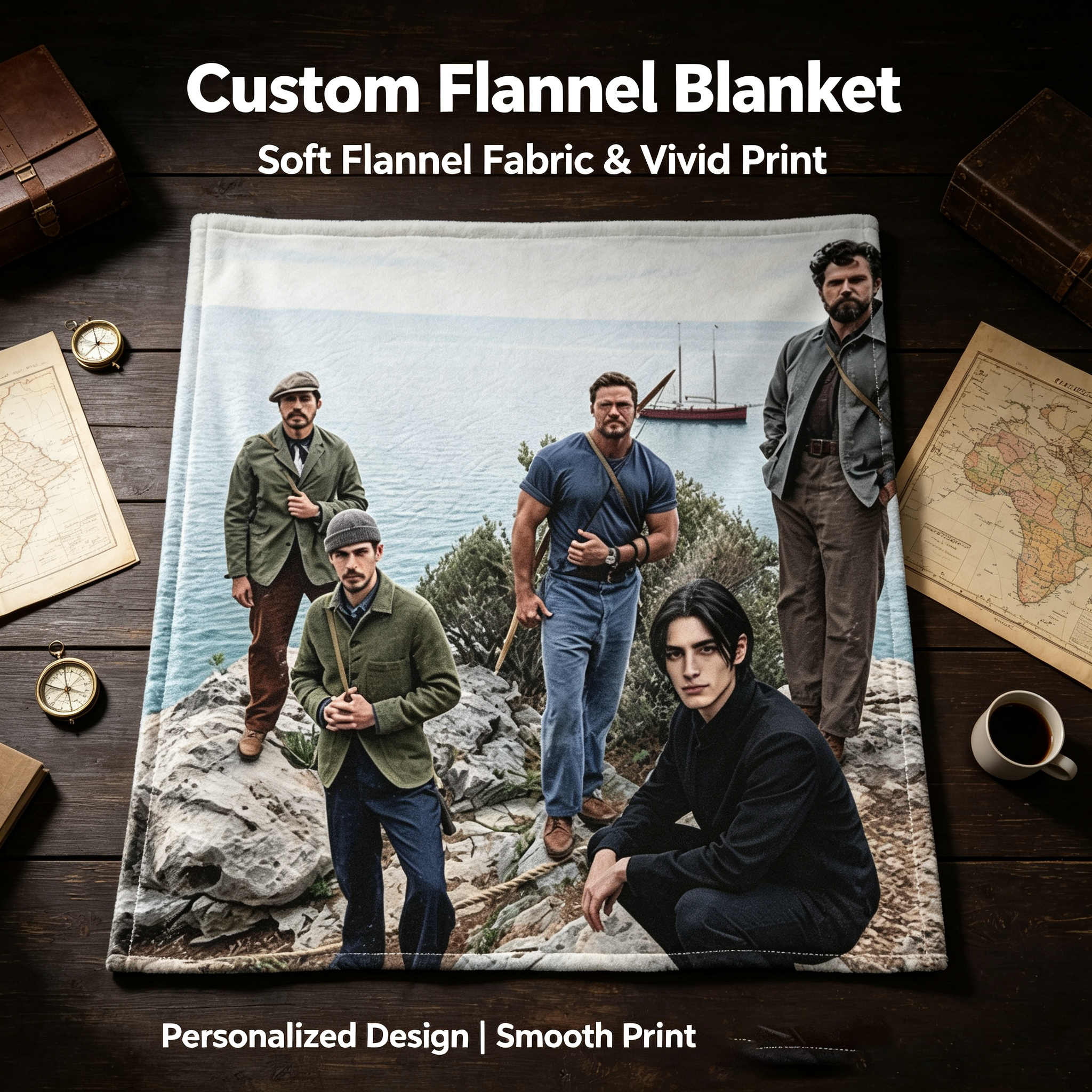 Custom Face Blanket Featuring Men on Rocky Coastline with Sailboat in Background Flannel Blanket Perfect for Outdoor Adventures and Cozy Nights Ideal Gift or Giveaway Item