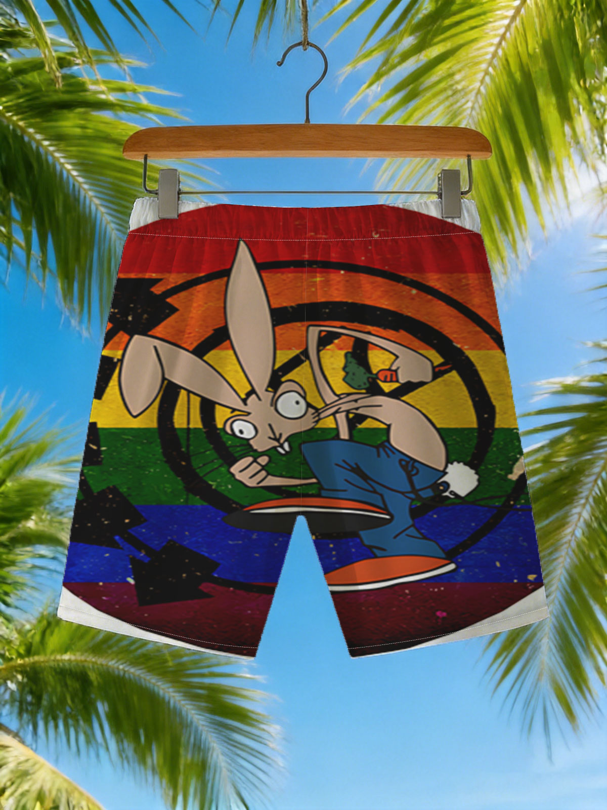 Bugs Bunny in Action: Classic Cartoon Character with Rainbow Background -  Beach shorts