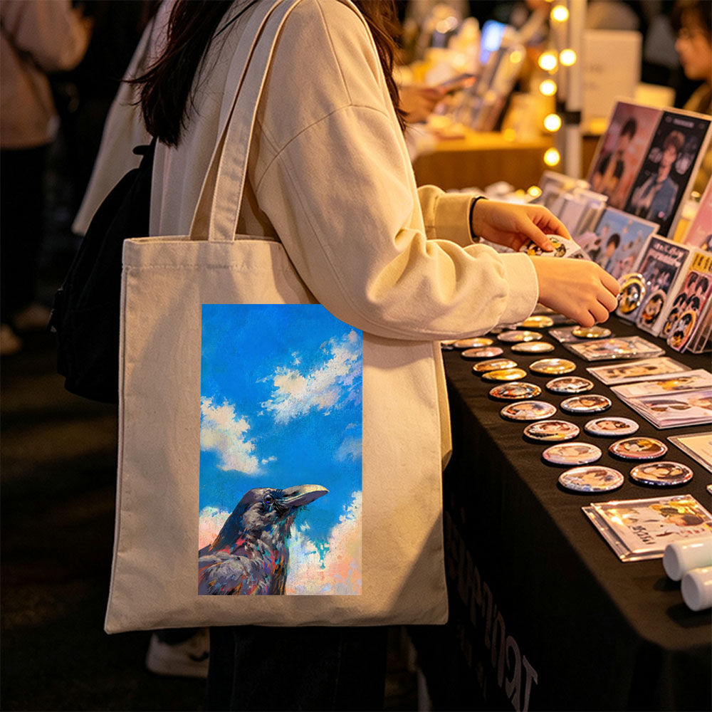 Crow Against Vibrant Sky Painting - Canvas tote bags