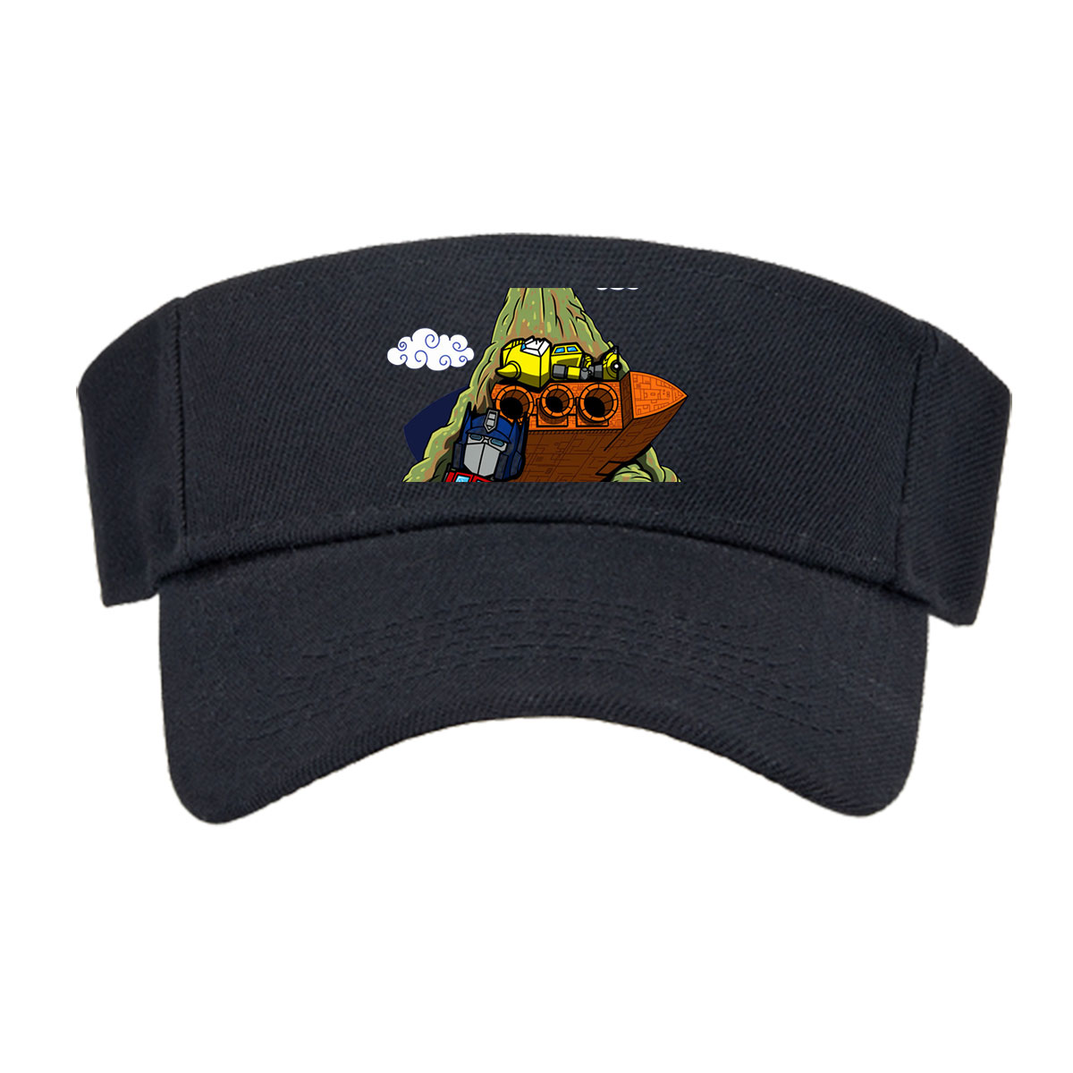 Optimus Prime and Bumblebee atop a mountain with a spaceship, cartoon style -  Visor cap