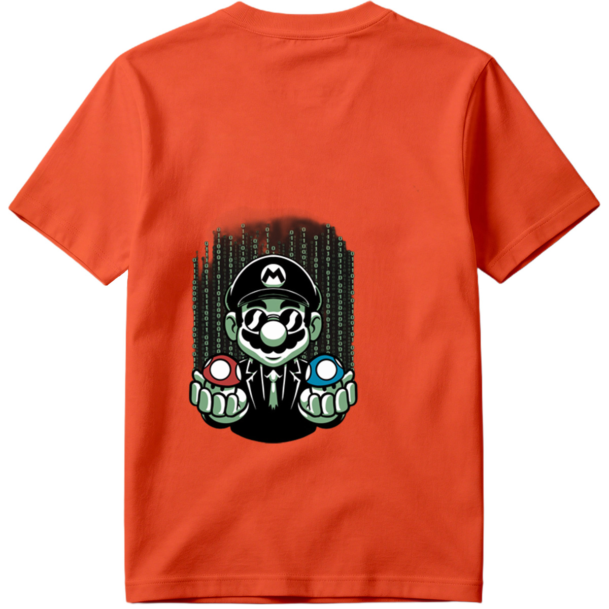Mario in Matrix Code with Red and Blue Mushrooms - Tee