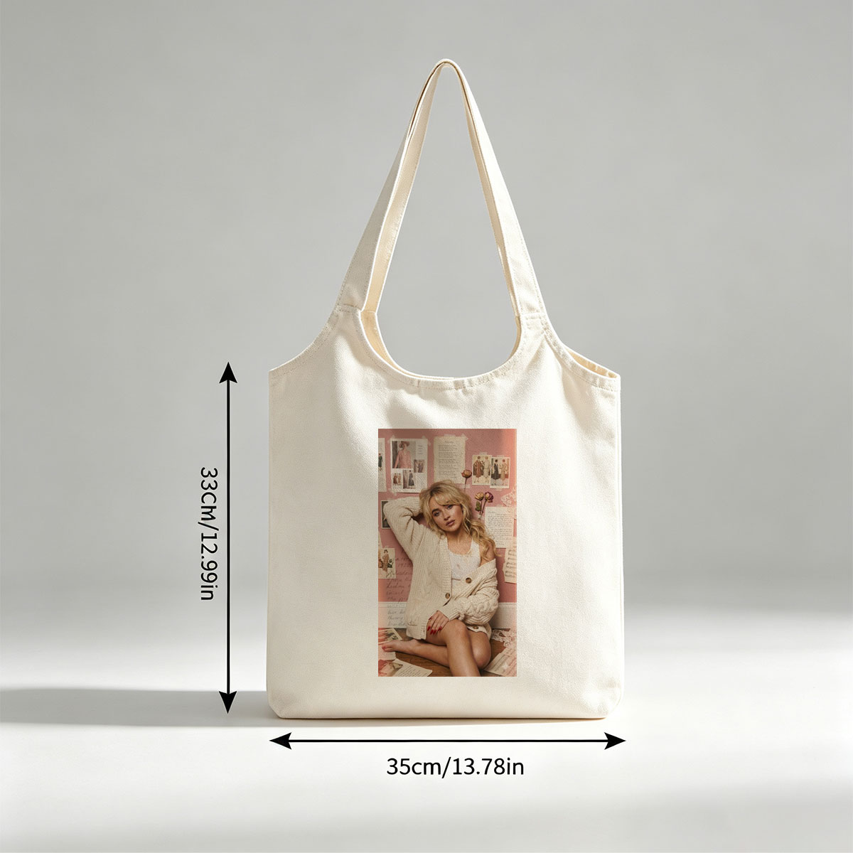 Sabrina Carpenter Sitting on Floor in Cozy Knit Cardigan Against Pink Wall with Vintage Photos and Letters - Canvas shoulder bags/