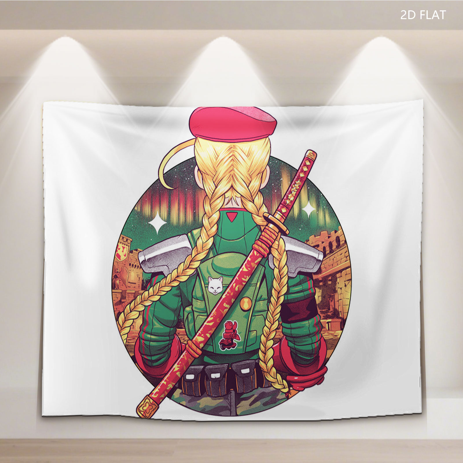 Blonde Warrior with Red Beret and Katana, Futuristic Urban Background - Tapestry