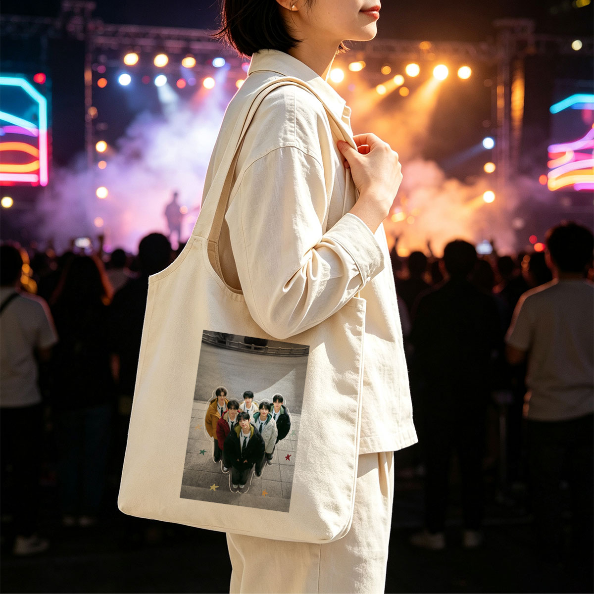 TXT Group in School Uniforms Standing Together Outdoors with Star Accents - Canvas shoulder bags/