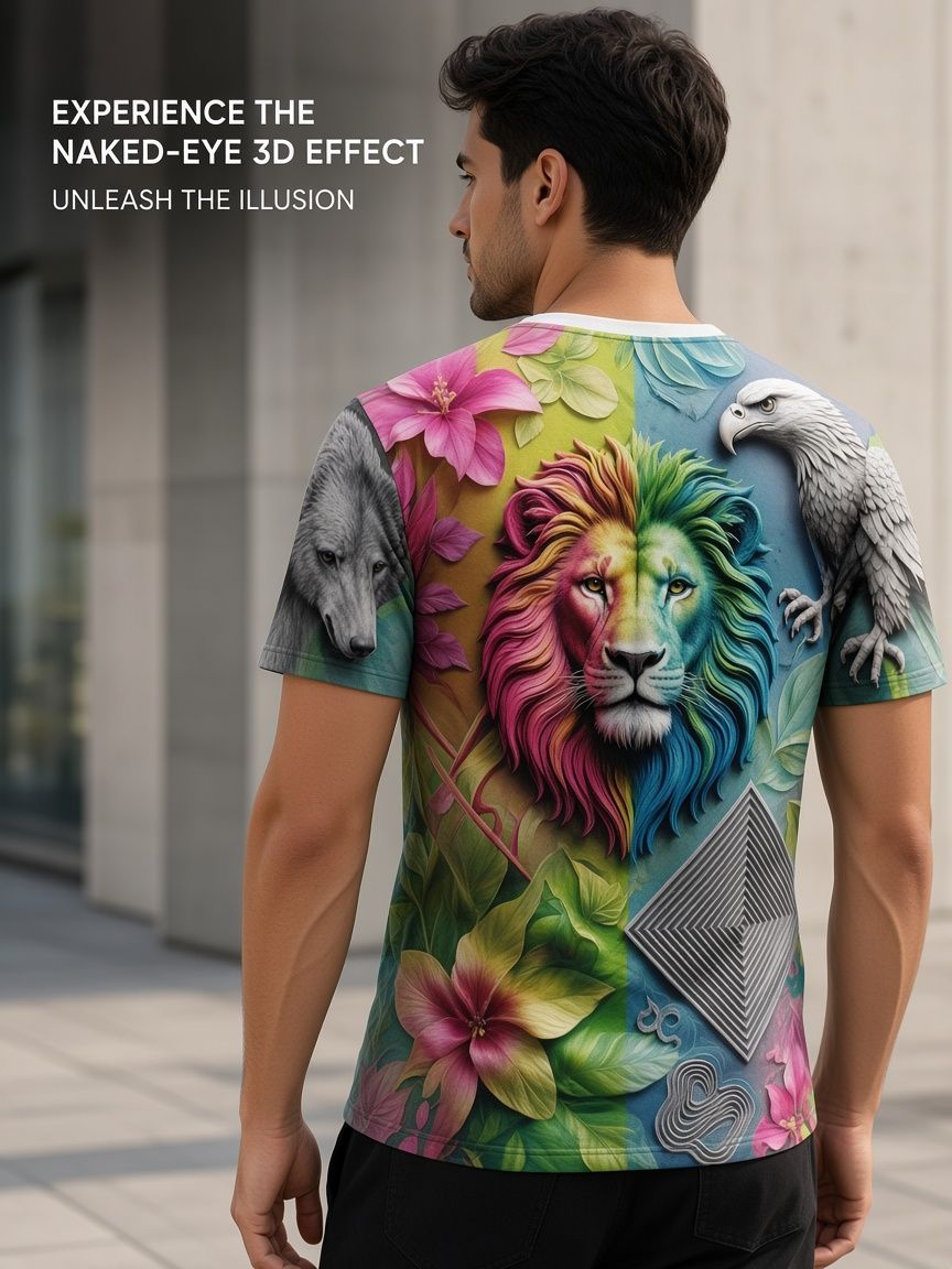 Rainbow Lion Wildlife 3D Optical Illusion Graphic Tee Breathable Athletic Mesh T-Shirt for Casual and Sports Wear