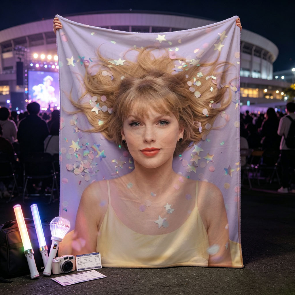 Taylor Swift Lying on Purple Background with Confetti and Stars Around Her Hair - Blankets