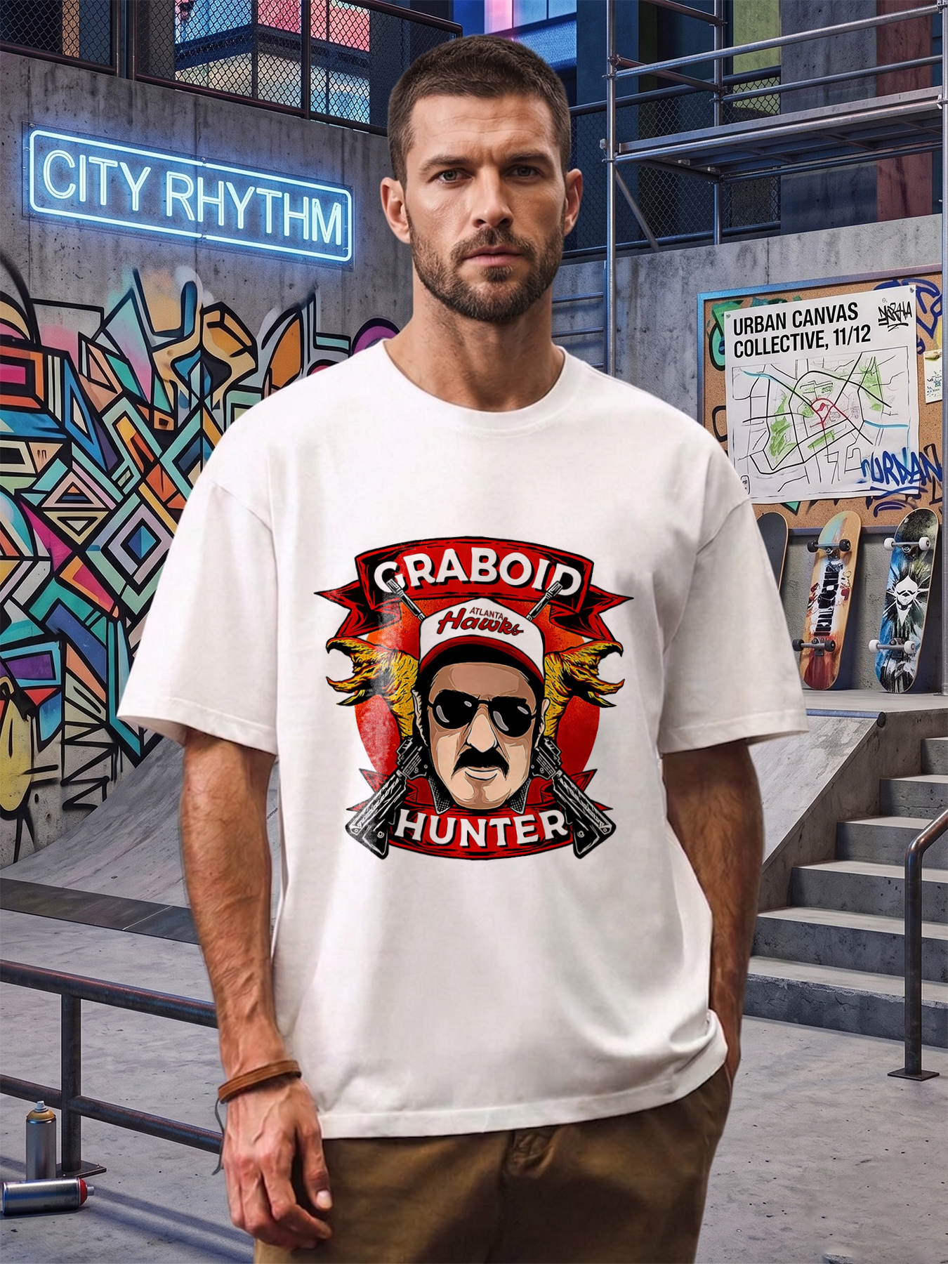 Men's Graboid Hunter Print T-Shirt Featuring Cartoon Hunter with Atlanta Hawks Cap and Crossed Guns Design, Casual Round Neck Summer Lightweight Breathable Short Sleeve Tee for Outdoor Enthusiasts and Pop Culture Fans
