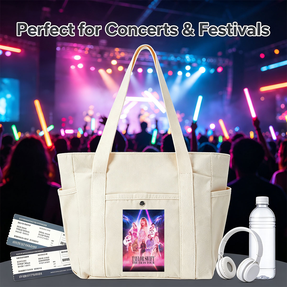 Taylor Swift The Eras Tour Concert Performance Poster with Multiple Outfits and Stage Lights - Multi-pocket bags
