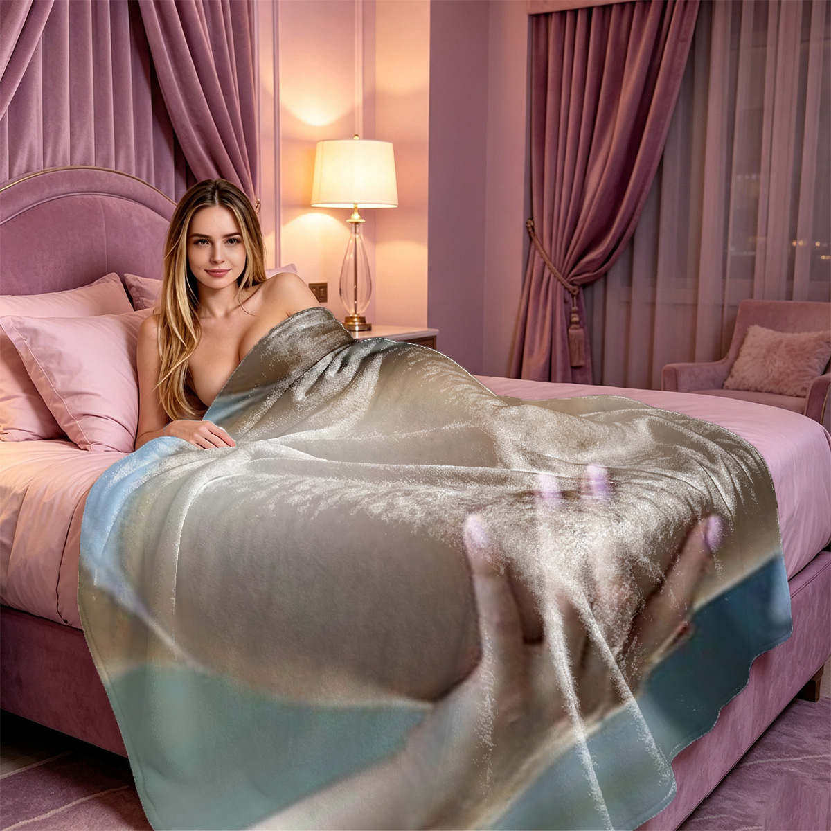 Emma Watson in a silver metallic mini dress on a balcony overlooking the ocean. - Blanket