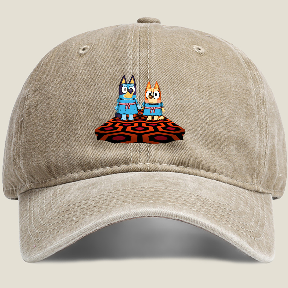 Bluey and Bingo in Matching Dresses on a Patterned Rug - Washed Denim - Baseball Cap