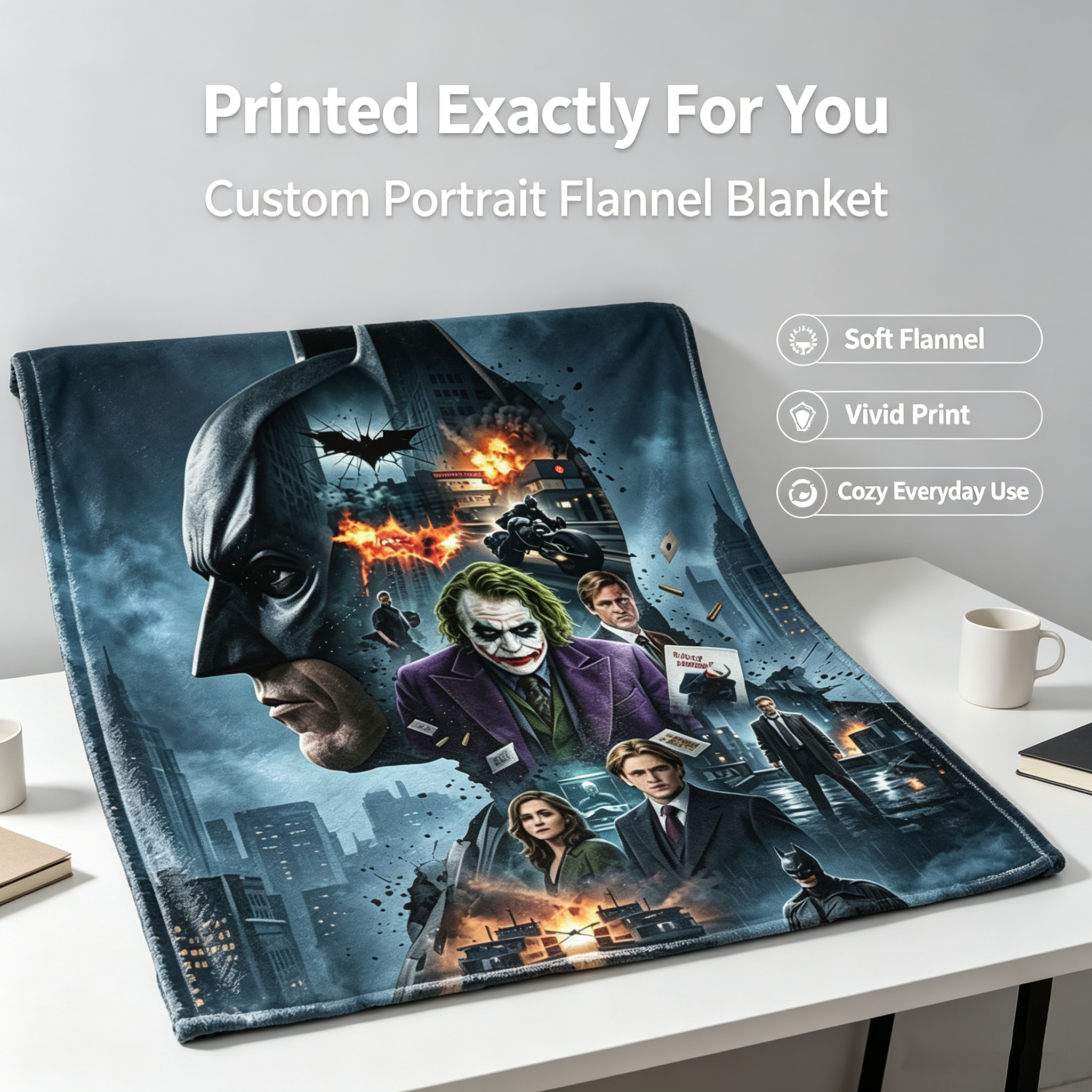 Custom Face Blanket Batman The Dark Knight Joker Flannel Blanket Movie Poster Design Cozy Bedding Gift for Fans and Collectors