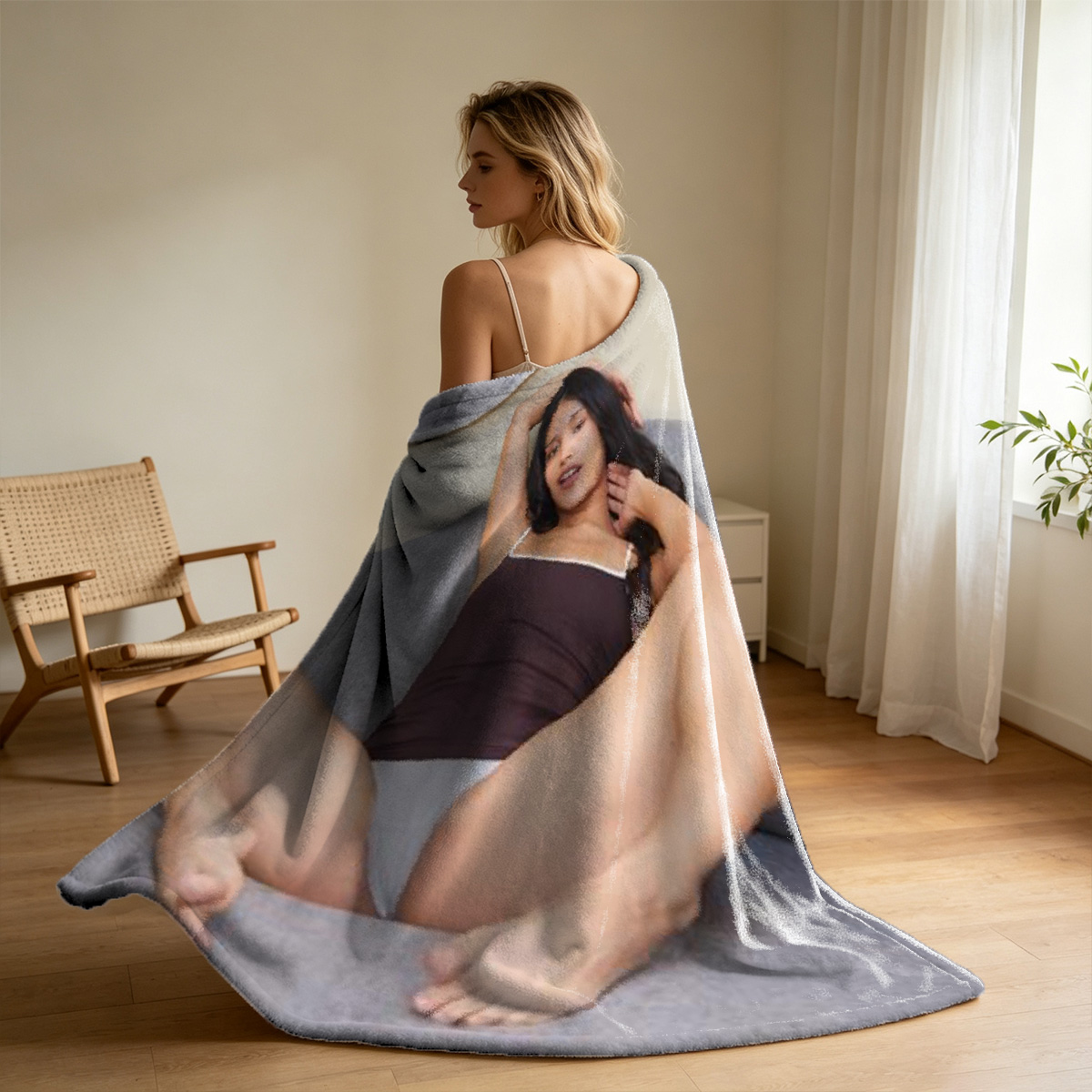 Two Young Women in Pink and Purple Lingerie Cuddling on Bed - Blanket