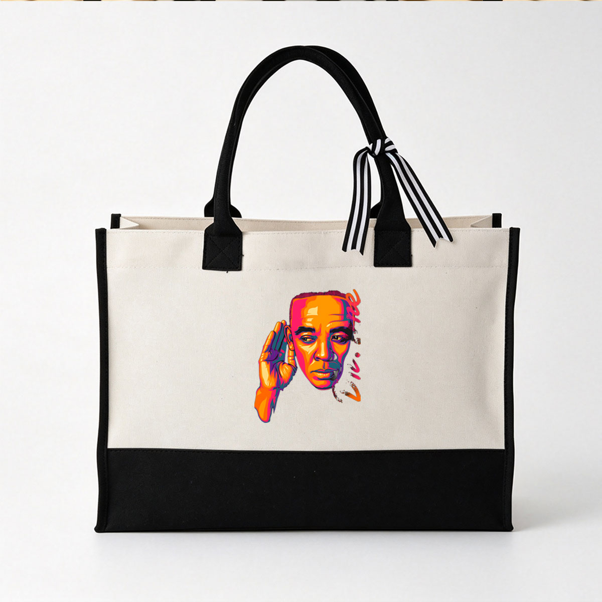 Vibrant Pop Art Portrait of a Man with Hand to Ear - Canvas patchwork gift tote bag