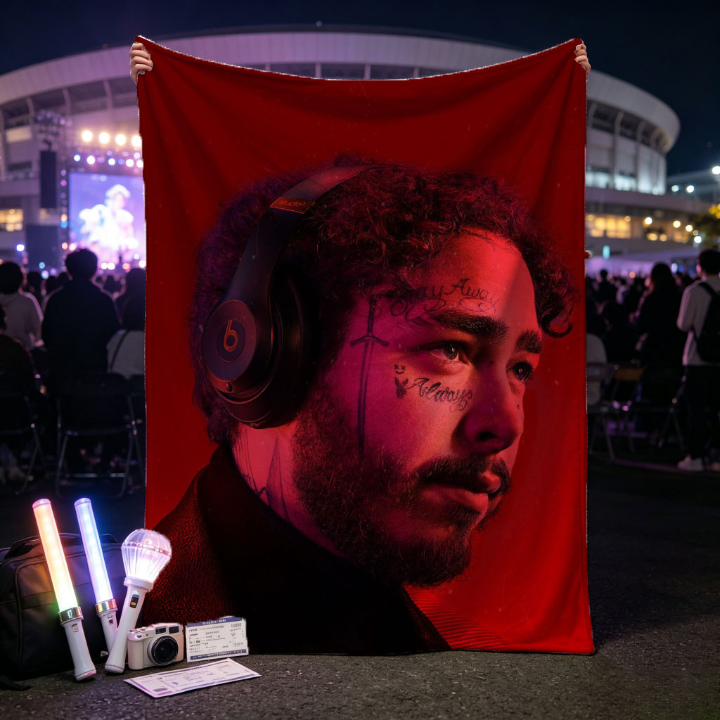 Post Malone Listening to Music with Headphones in Red Lighting - Blankets