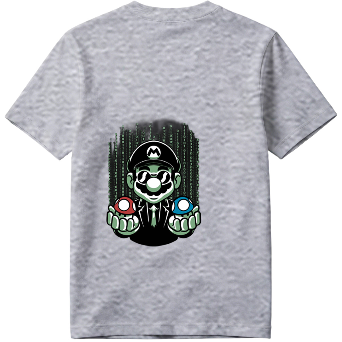 Mario in Matrix Code with Red and Blue Mushrooms - Tee