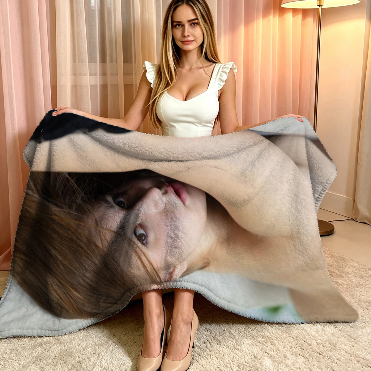 Nude woman in sheer robe posing in modern living room - Blanket