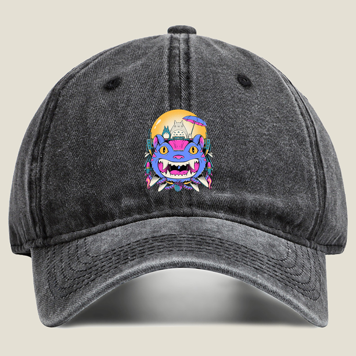 Totoro and Cheshire Cat in Space Adventure - Washed Denim - Baseball Cap