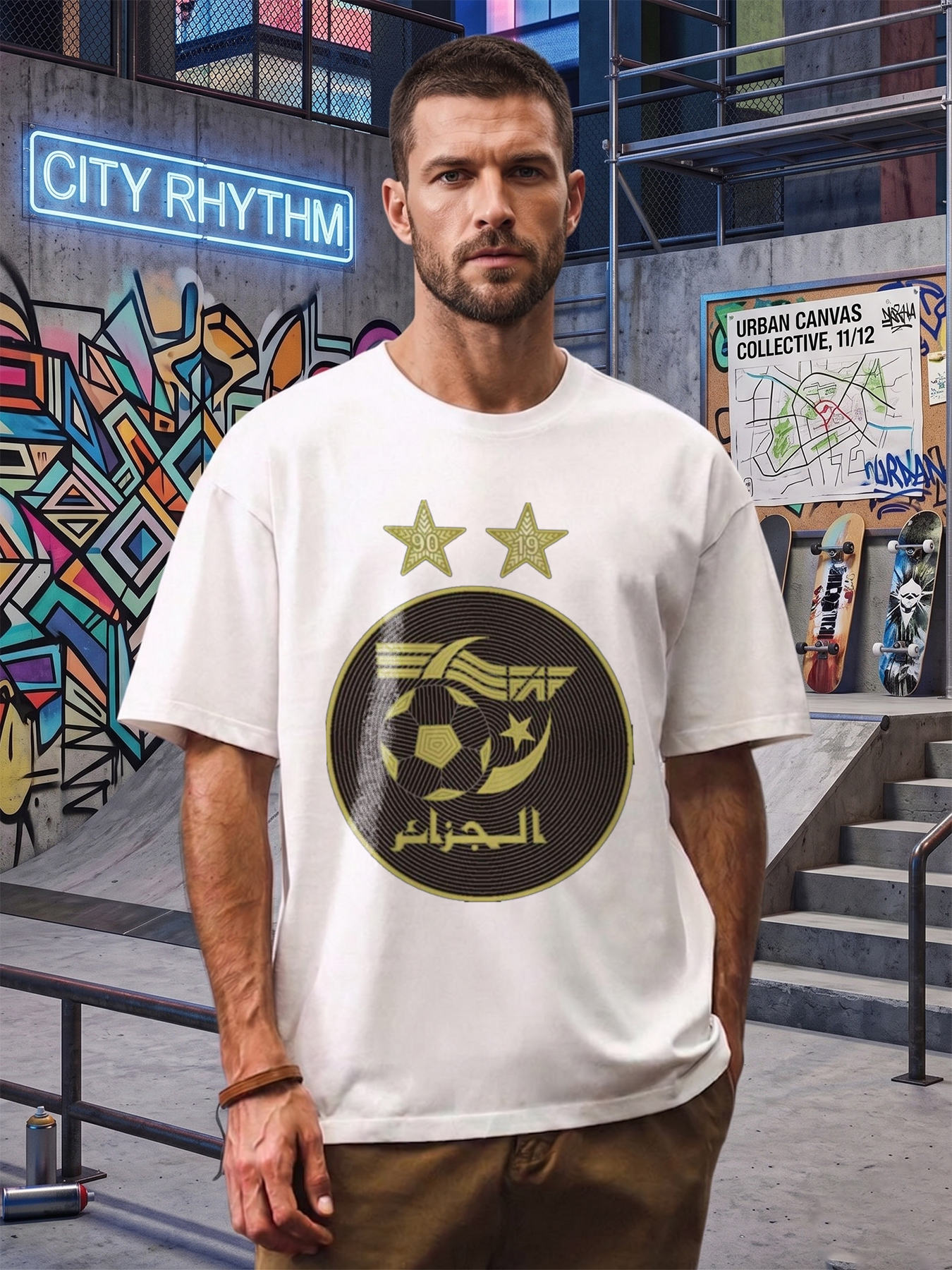 Men's Printed T-Shirt Algeria Football Crest Design Arabic Text 90-19 Stars Casual Round Neck Summer Lightweight Breathable Short Sleeve T-Shirt for Sports Fans and National Pride Enthusiasts