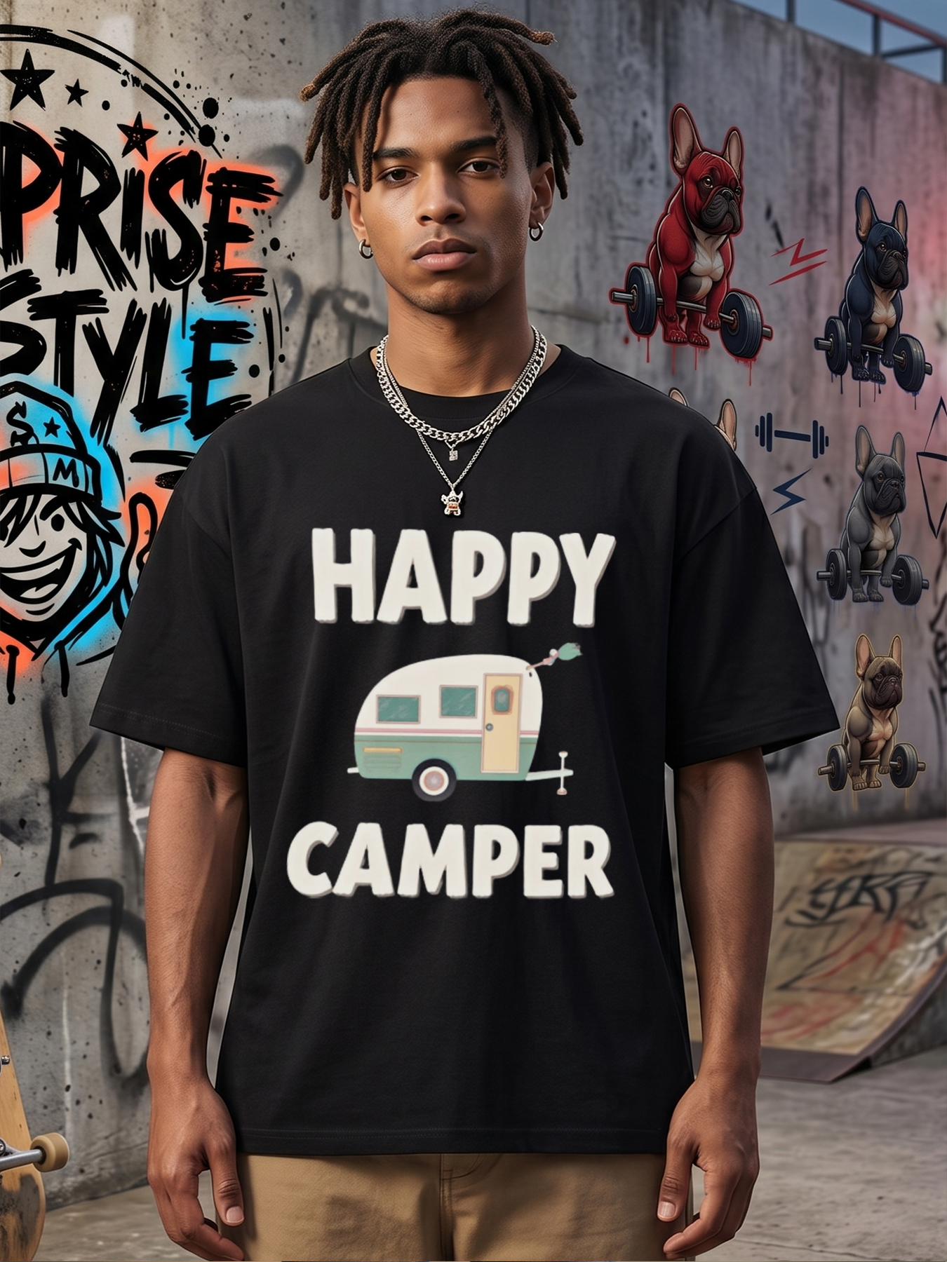 Men's Happy Camper Print T-Shirt with Vintage RV Graphic and Fun Text, Casual Round Neck Lightweight Breathable Summer Short Sleeve Tee for Outdoor Adventures, Camping Enthusiasts, Travel Lovers and Nature Seekers