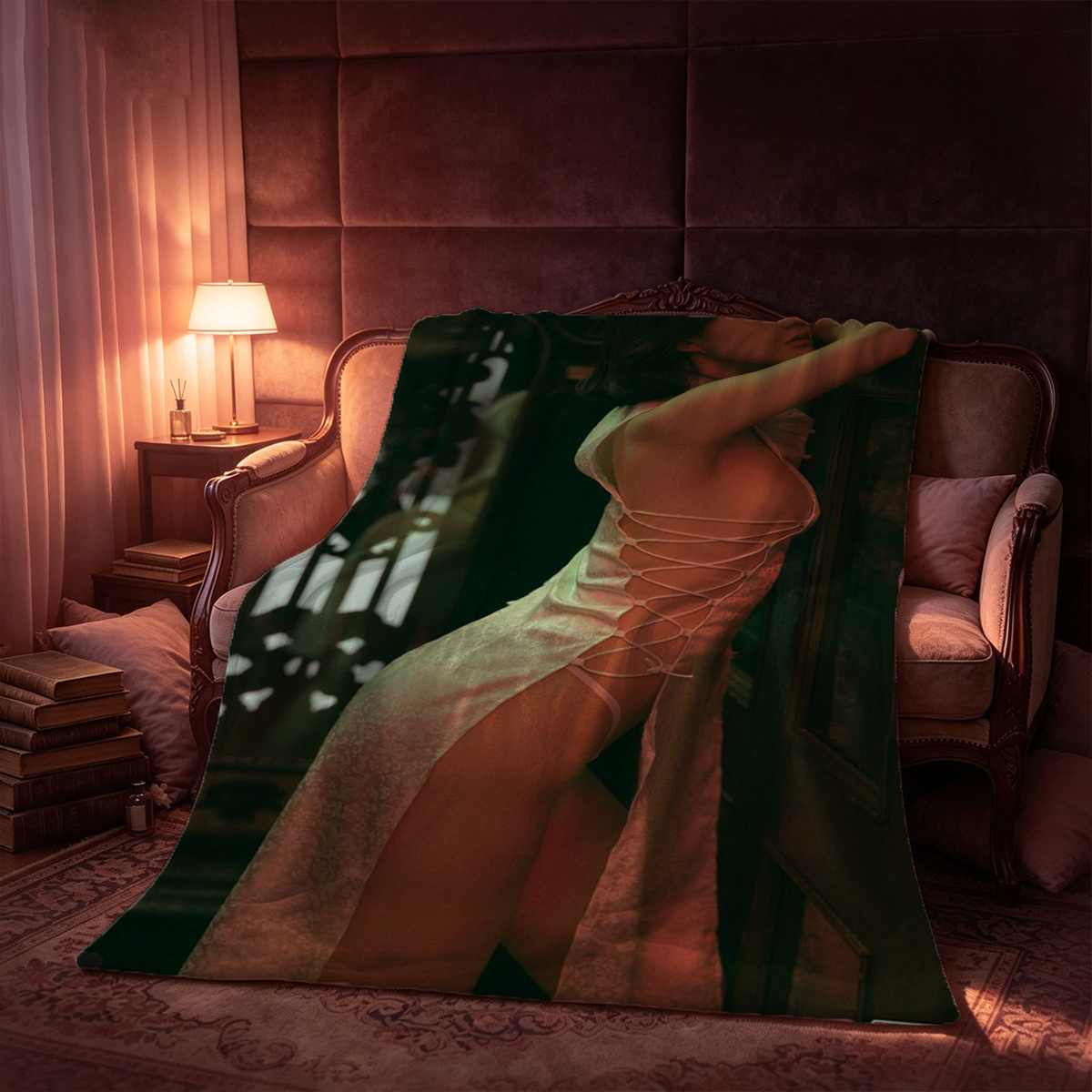 A masked woman in black lingerie and stockings poses on all fours in front of a Christmas tree. - Blanket