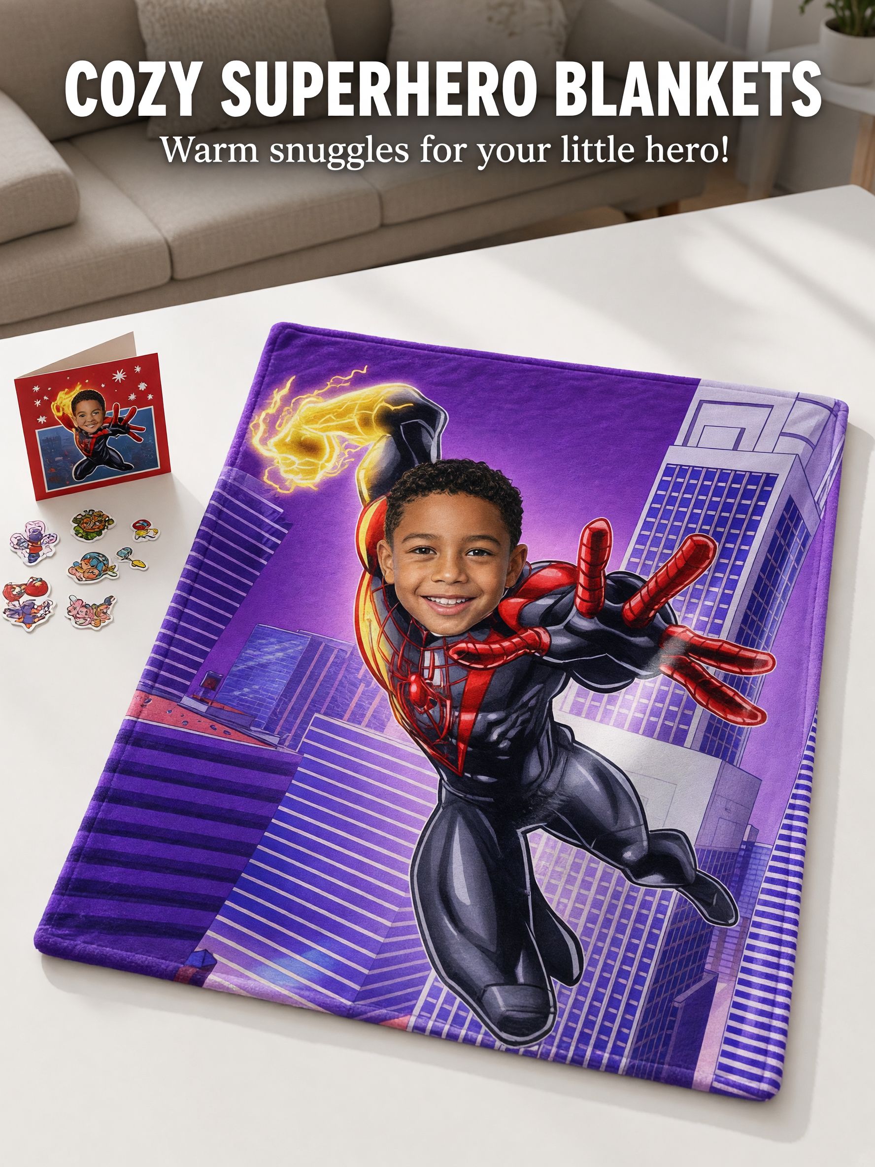 Custom Face Superhero Blanket, Personalized Photo Flannel Throw for Kids, Cozy Bed Couch Plush Fleece Keepsake Gift