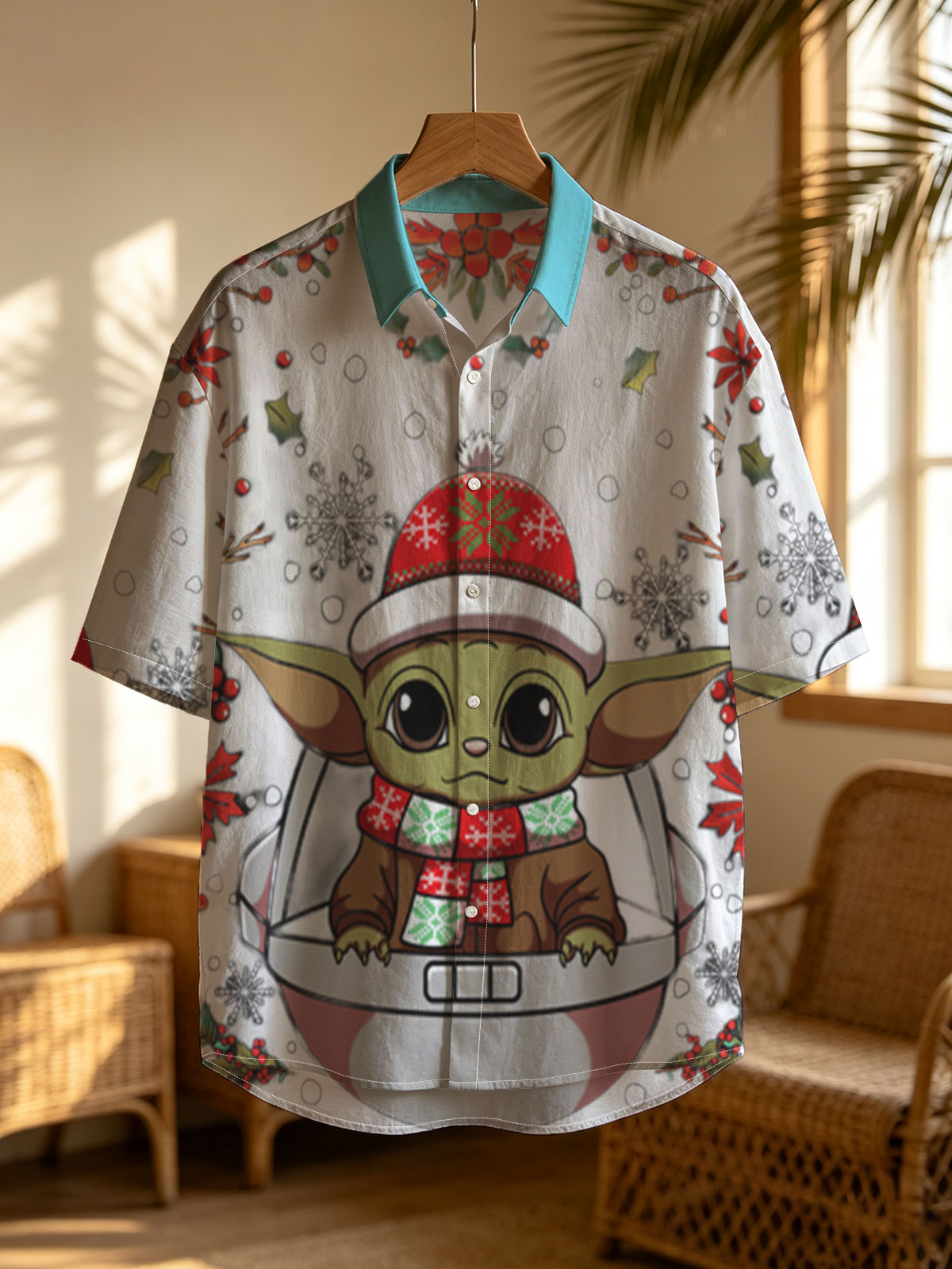 Baby Yoda in Christmas Hat and Scarf, Surrounded by Holiday Decorations -  Shirt