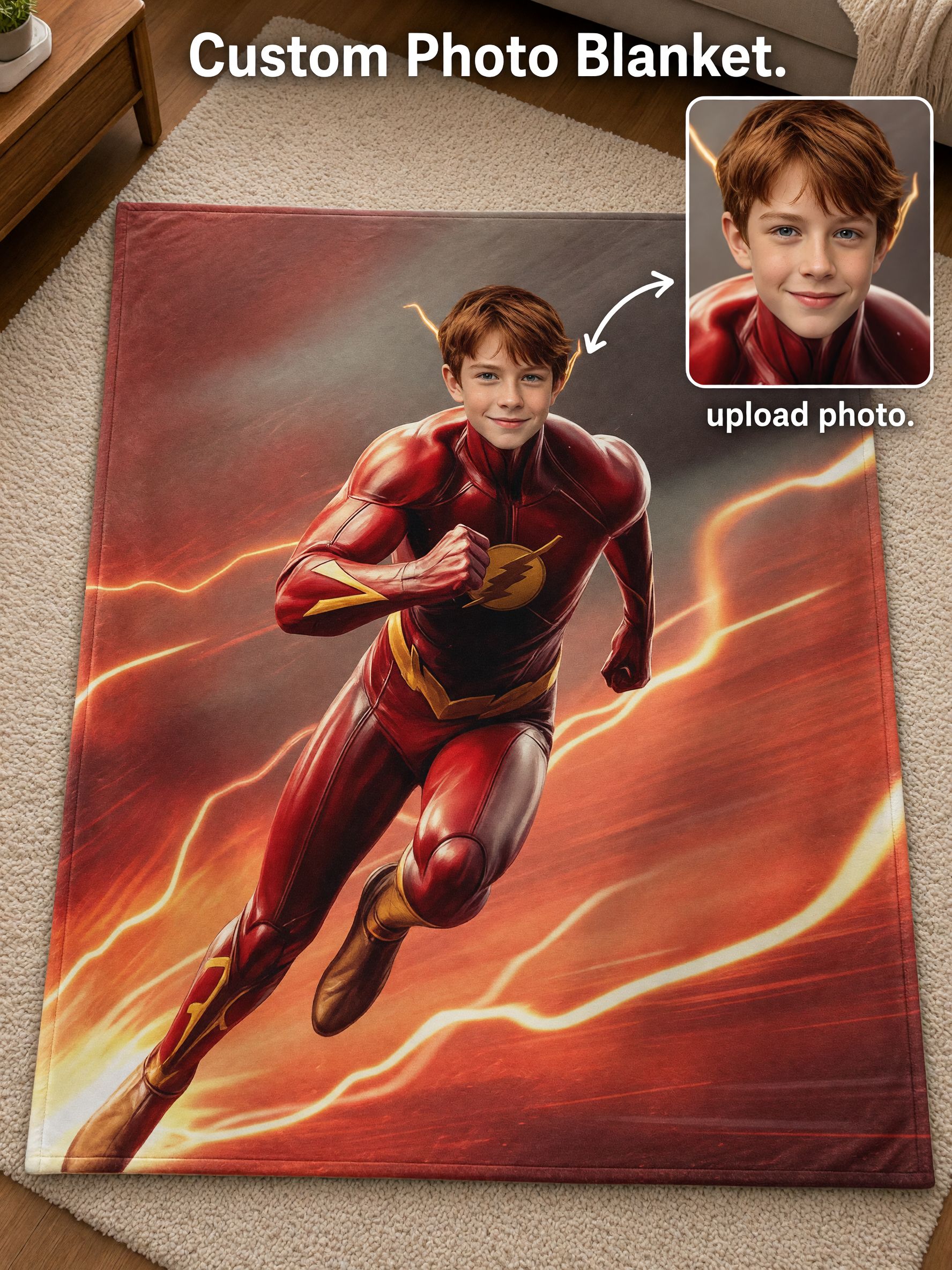 Custom Photo Superhero Flannel Fleece Blanket Personalized Face Graphic Soft Warm Bedding Throw for Couch Bedroom and
