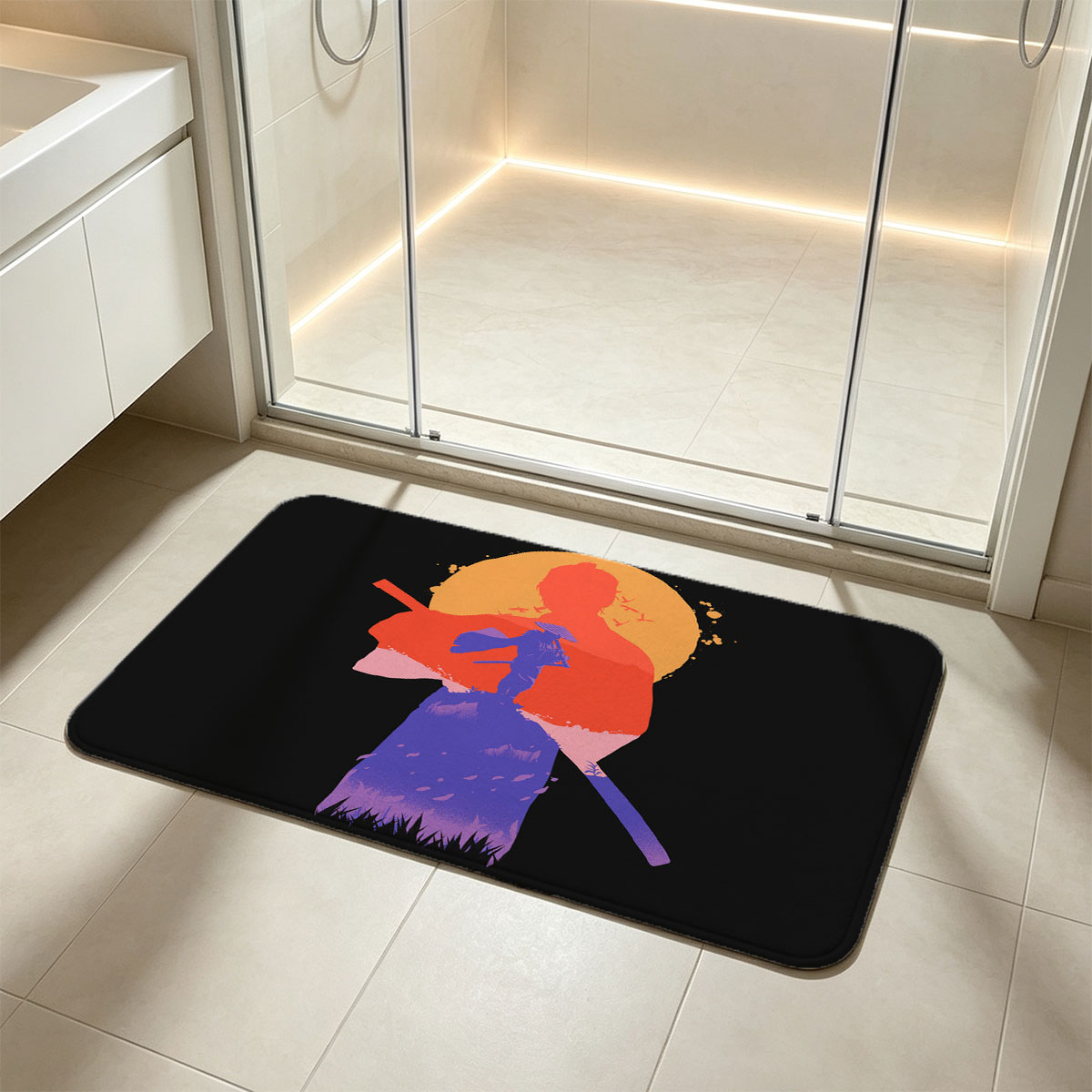 Samurai Silhouette Against Sunset with Mount Fuji and Birds - Flannel floor mat