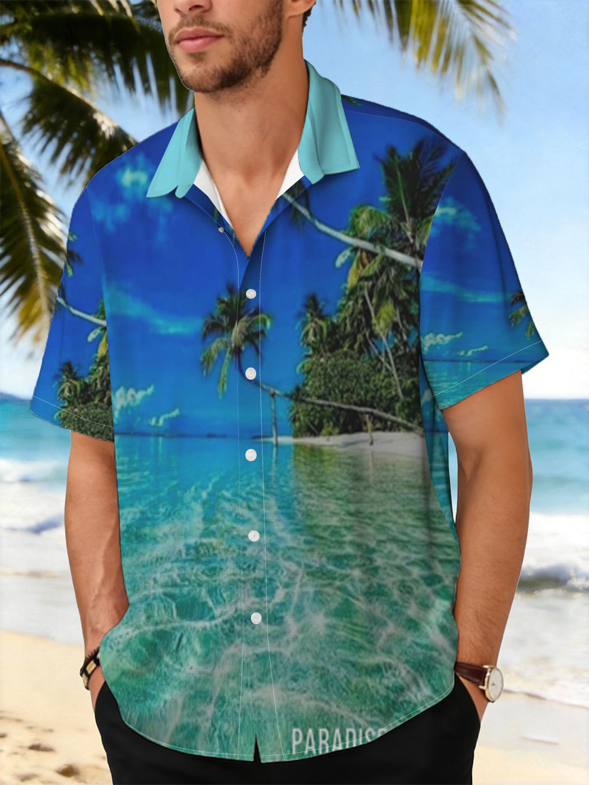 Crystal clear waters and swaying palms on a tropical paradise island under a vibrant blue sky. -  Shirt