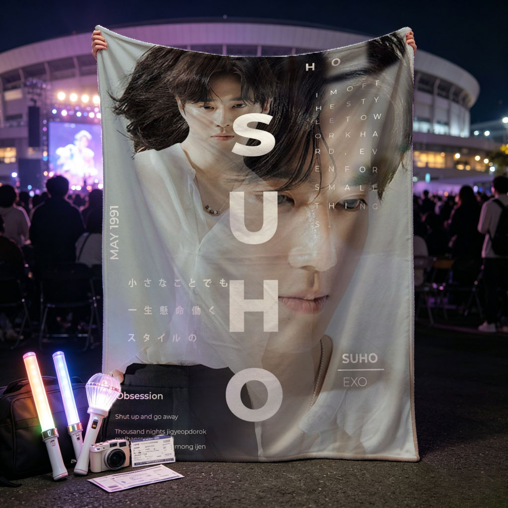EXO Suho in a Minimalist Portrait with Overlaid Text and Soft Lighting - Blankets