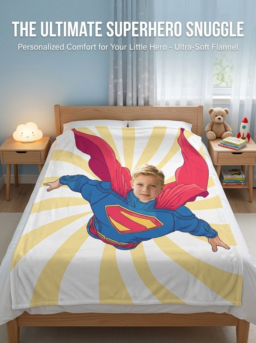 Custom Photo Superhero Blanket Personalized Face Flannel Fleece Throw Cozy Gift for Kids and Adults