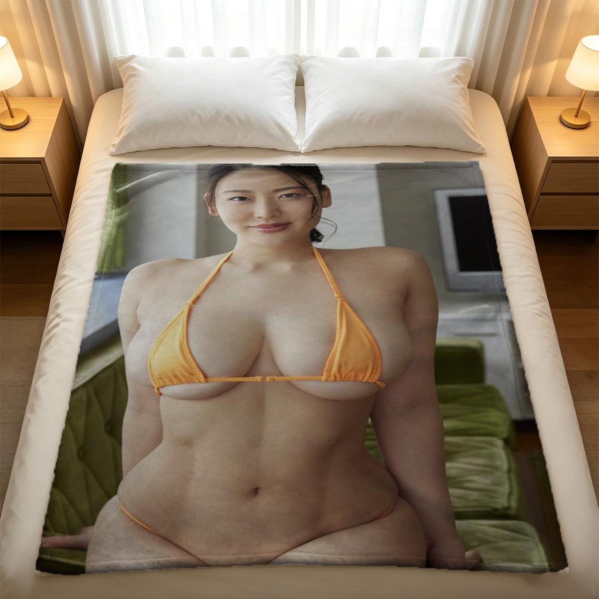 Chinese Beauty in Golden Satin Jersey Dress Sitting in Car - Blanket