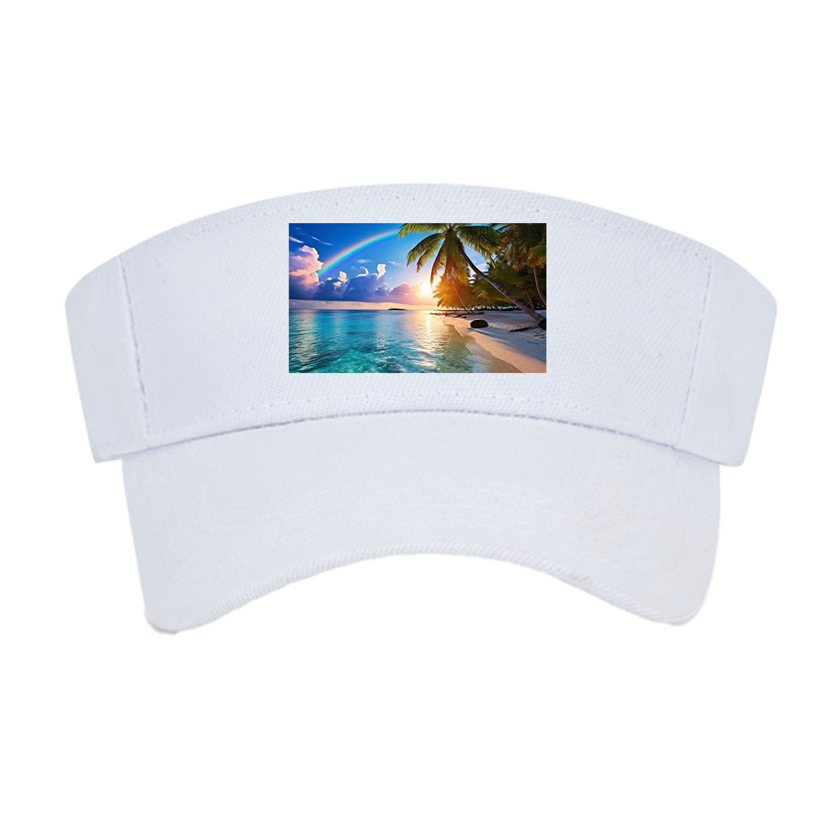 Tropical Beach with Rainbow and Palm Trees at Sunset -  Visor cap