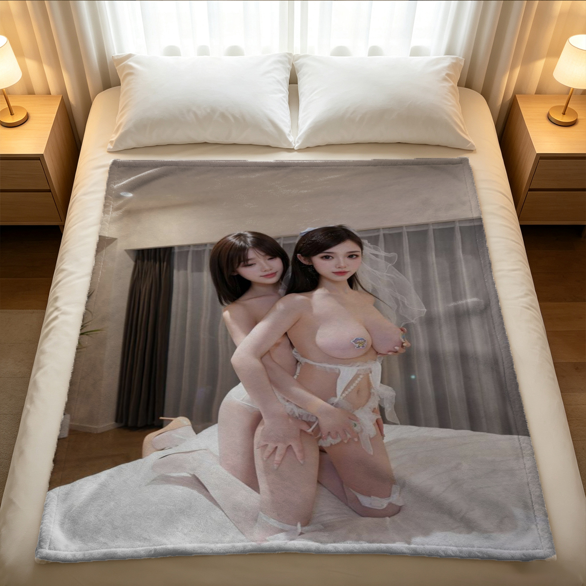 Japanese Model in Blue Strappy Lingerie on Black Leather Couch - Blanket