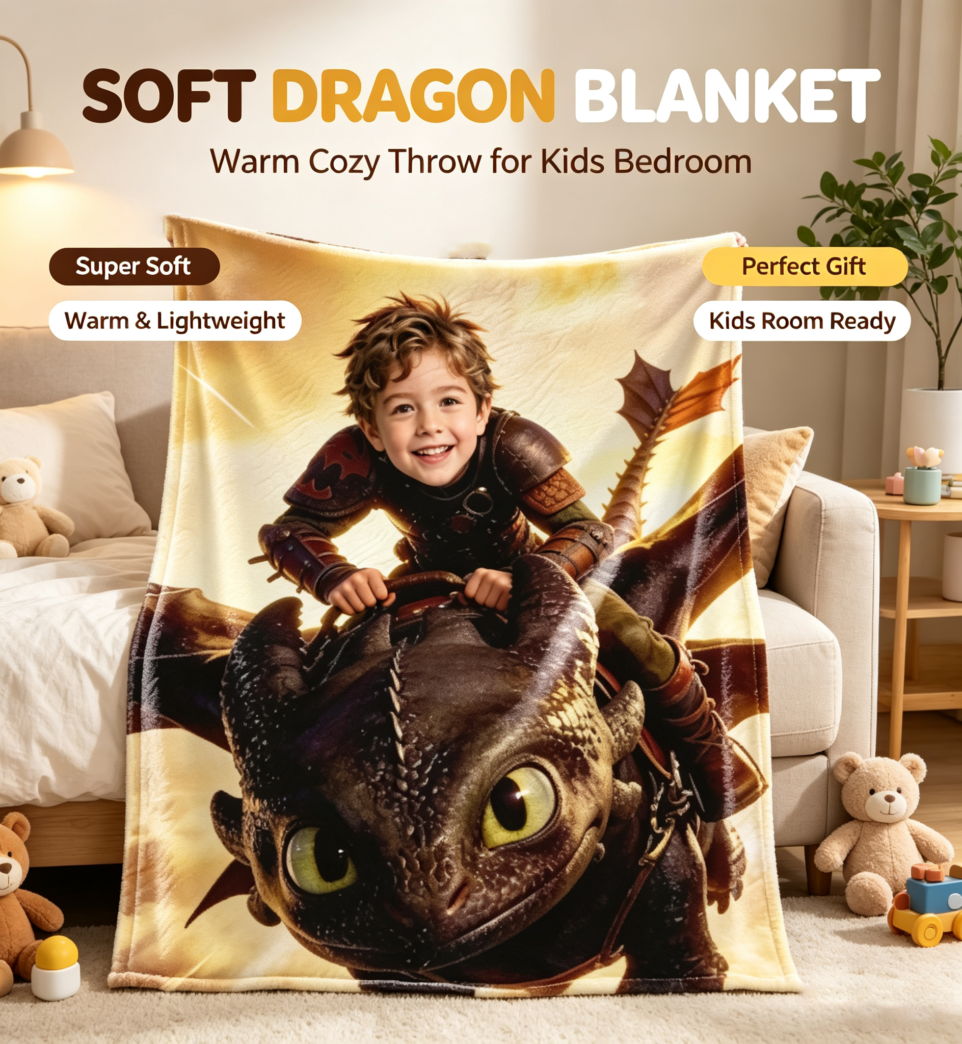 How to Train Your Dragon Toothless Flannel Blanket, Soft Warm Throw Blanket for Kids Boys, Lightweight Plush Blanket for Bedroom Sofa Birthday Gift
