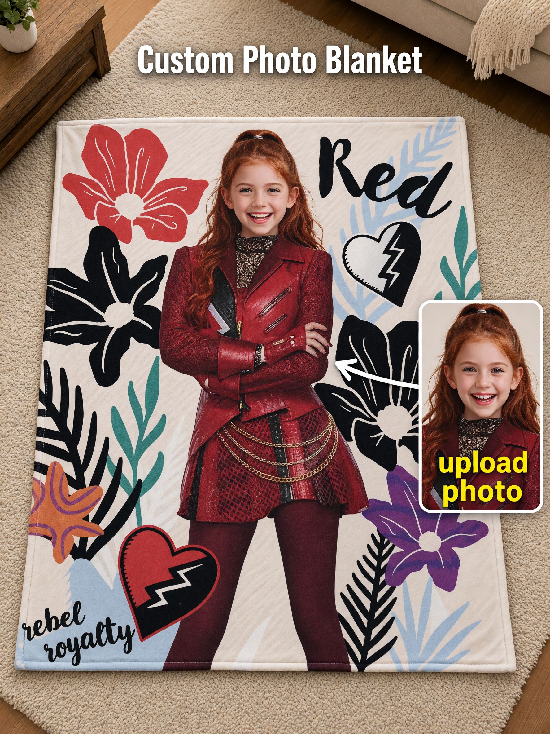 Custom Photo Face Blanket Personalized Flannel Fleece Throw with Graphic Floral Art for Couch Bed Ideal Keepsake Gift