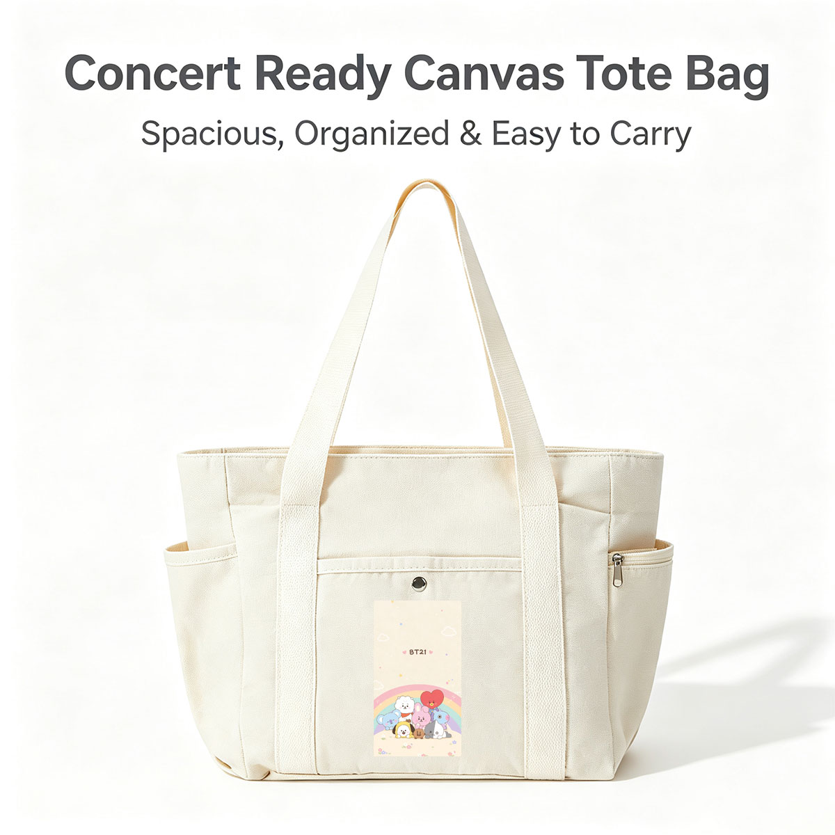 BT21 Characters Gathering Under a Rainbow in a Cute Pastel Scene - Multi-pocket bags