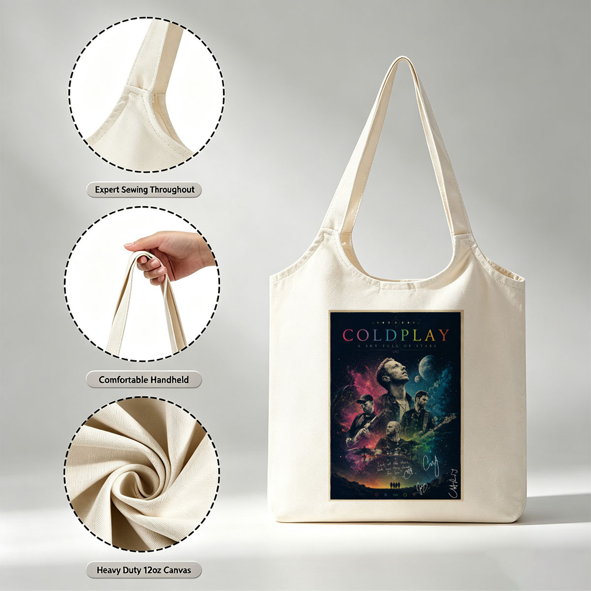 Coldplay Band in Cosmic Scene with Stars and Planets Background Poster - Canvas shoulder bags/