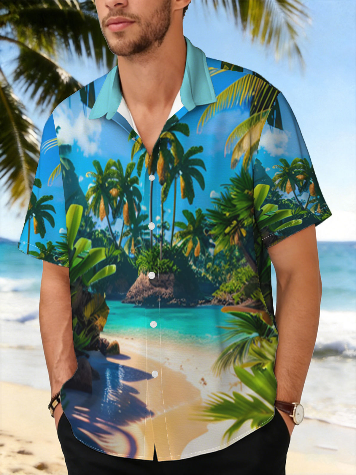 Tropical Paradise Beach with Palm Trees and Crystal Clear Water -  Shirt