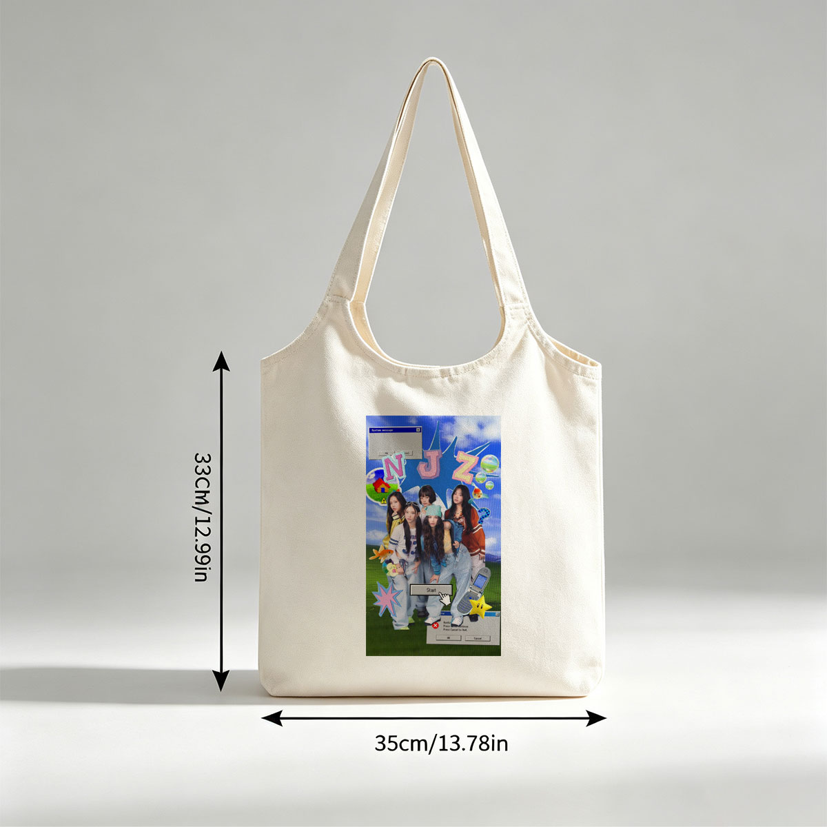 NewJeans Group Photo with Retro Game Interface and Colorful Elements - Canvas shoulder bags/