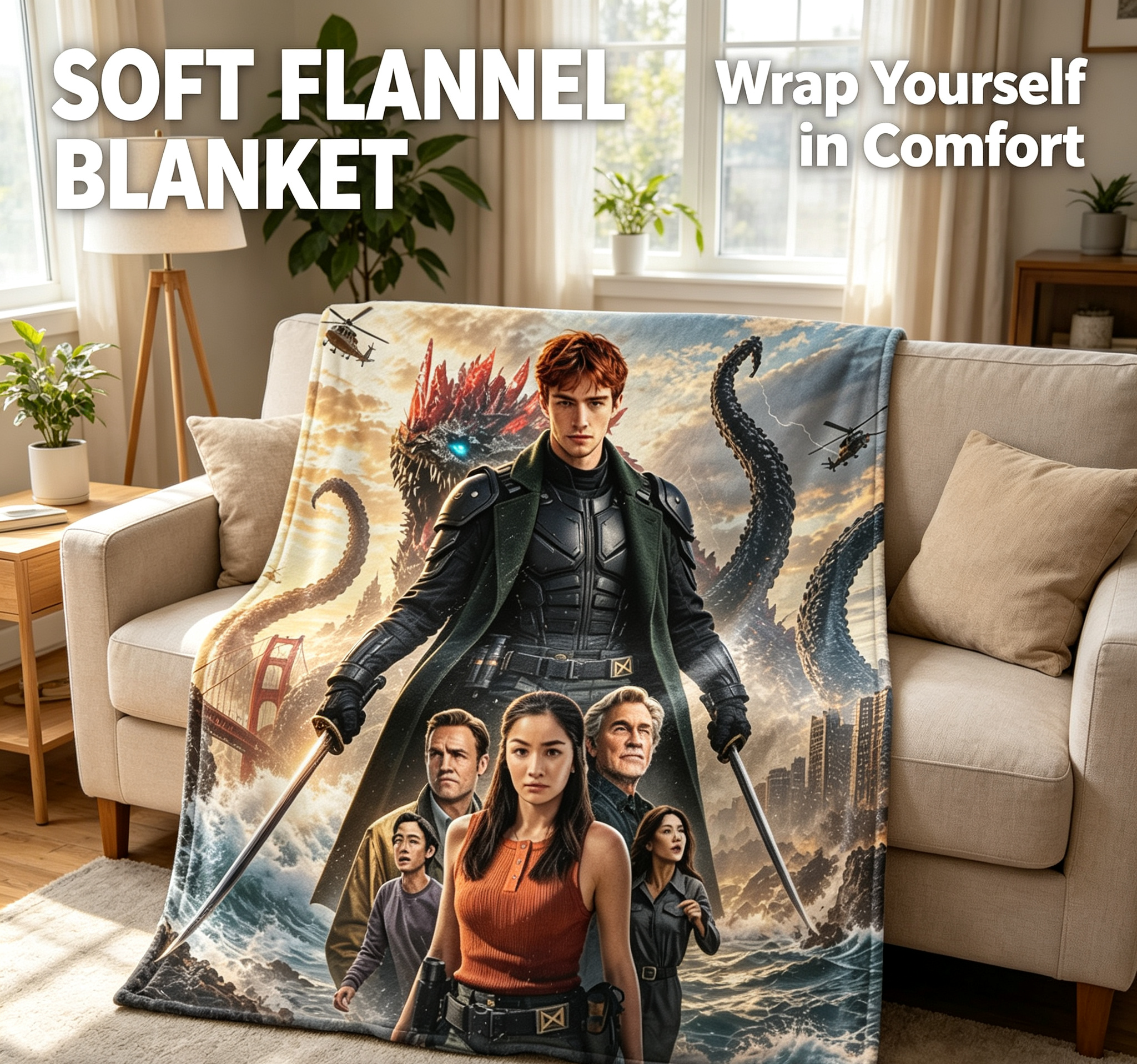 Custom Face Blanket Monarch Legacy of Monsters Flannel Blanket for Couch, Bed, or Travel – Perfect Gift for Fans of Sci-Fi and Monster Movies